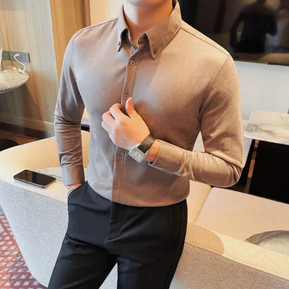 Camisa de ante de alta calidad para hombre, camisas de negocios informales de manga larga para otoño e invierno, blusa de esmoquin para fiesta Social, ropa para hombre 2023