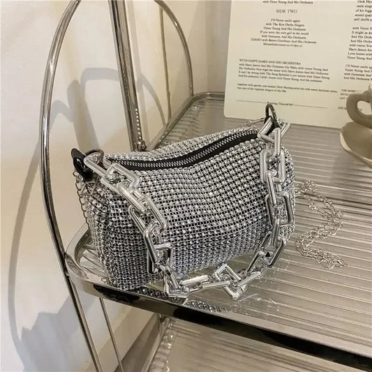 Bolso de hombro con incrustaciones de piedra del Rin de lujo para mujer, paquete de cena con cadena, bolsa de almohada a la moda para mujer