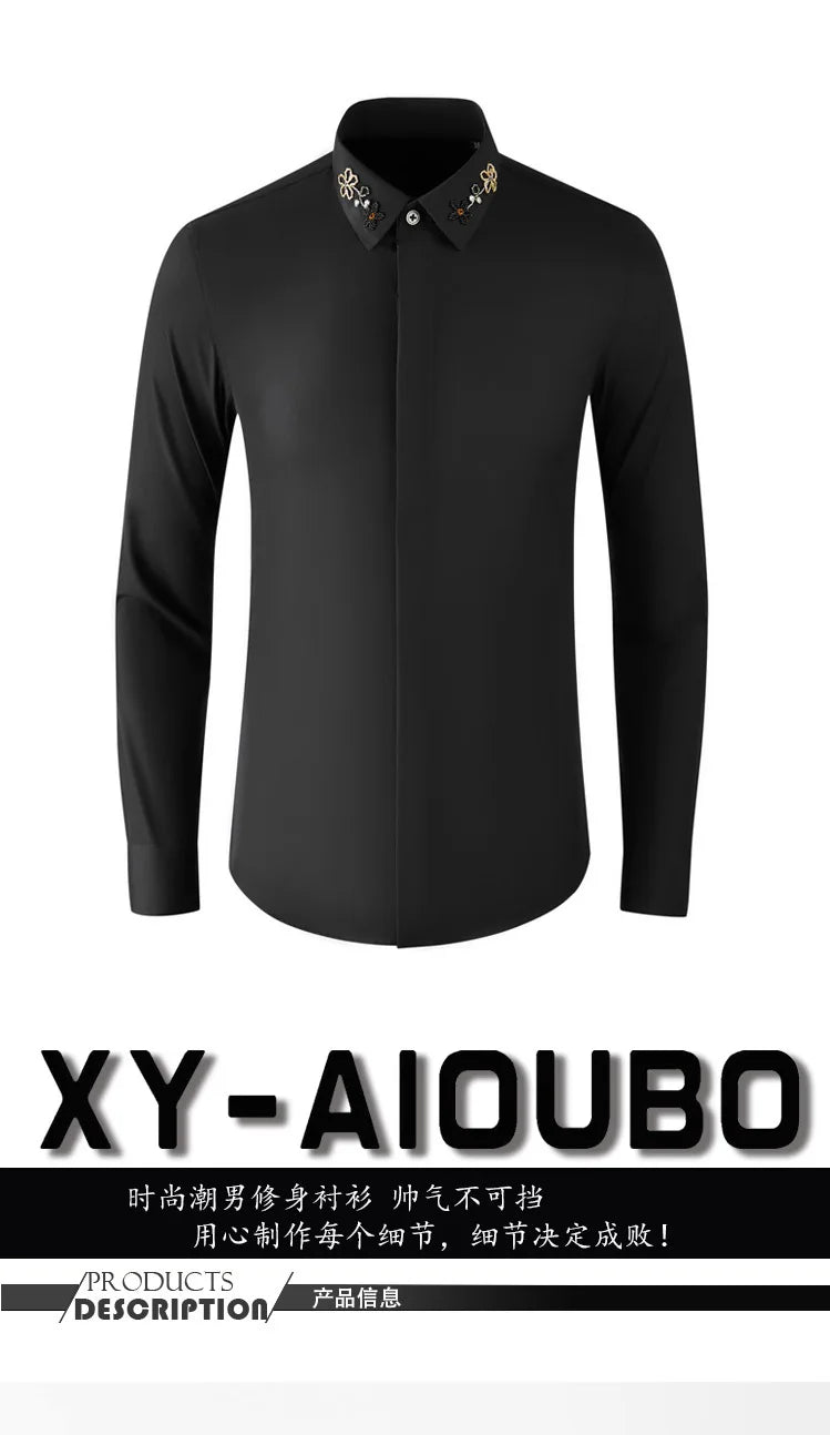 Camisa con cuentas hecha a mano para hombre, camisa de vestir Social de negocios de manga larga, traje informal de algodón de alta calidad para actuación en escenario de estrella