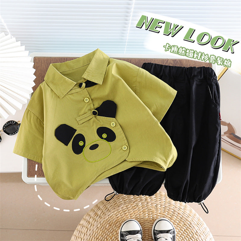 Ropa de algodón para niños, camisa de Panda de dibujos animados, pantalones cortos, 2 unids/set, chándales de moda para niños pequeños, prendas de vestir