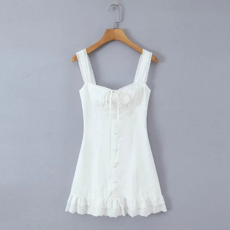 Vestido Corto Elegante de Encaje para Mujer, Escote Cuadrado, Lazo en la Cintura, Corte A, Sin Mangas, Ideal para Verano, Fiestas y Eventos