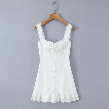 Vestido Corto Elegante de Encaje para Mujer, Escote Cuadrado, Lazo en la Cintura, Corte A, Sin Mangas, Ideal para Verano, Fiestas y Eventos