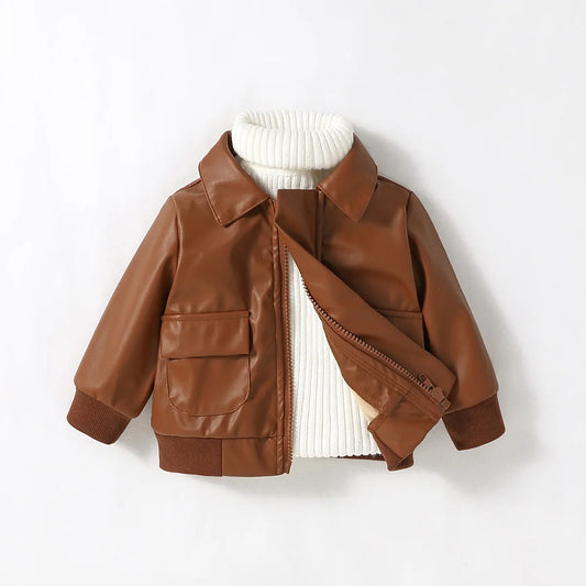Chaqueta de cuero Pu para bebés de 1 a 3 años, prendas de vestir de moda con cremallera y cuello vuelto de manga larga para otoño e invierno, novedad de 2024