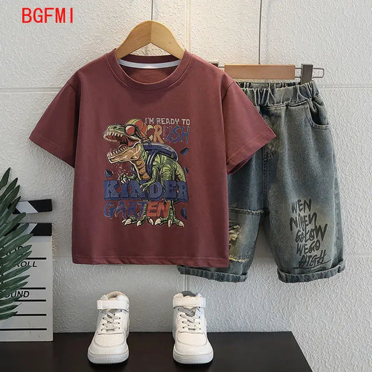 Conjunto de ropa de verano para niños, camisetas de manga corta de dinosaurio, pantalones cortos de mezclilla, traje de 2 piezas