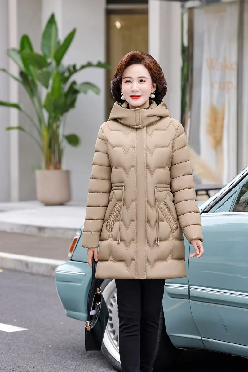 Chaqueta Larga de Algodón Grueso para Mujer, Acolchada, Ajustada, con Cintura Ajustable, Manga Larga, Cierre de Cremallera