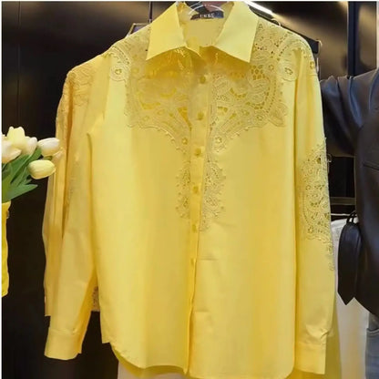 Marca de lujo, blusas de algodón con bordado de encaje calado y lentejuelas brillantes, camisas para mujer, Top informal holgado de manga larga de tendencia 2025
