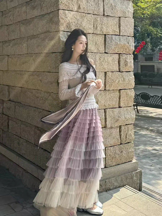 Elegante Falda de Tul Multicapa con Ribete de Encaje, Suave y Cómoda, de Cintura Alta, Estilo Pastel, con Degradado de Color,...
