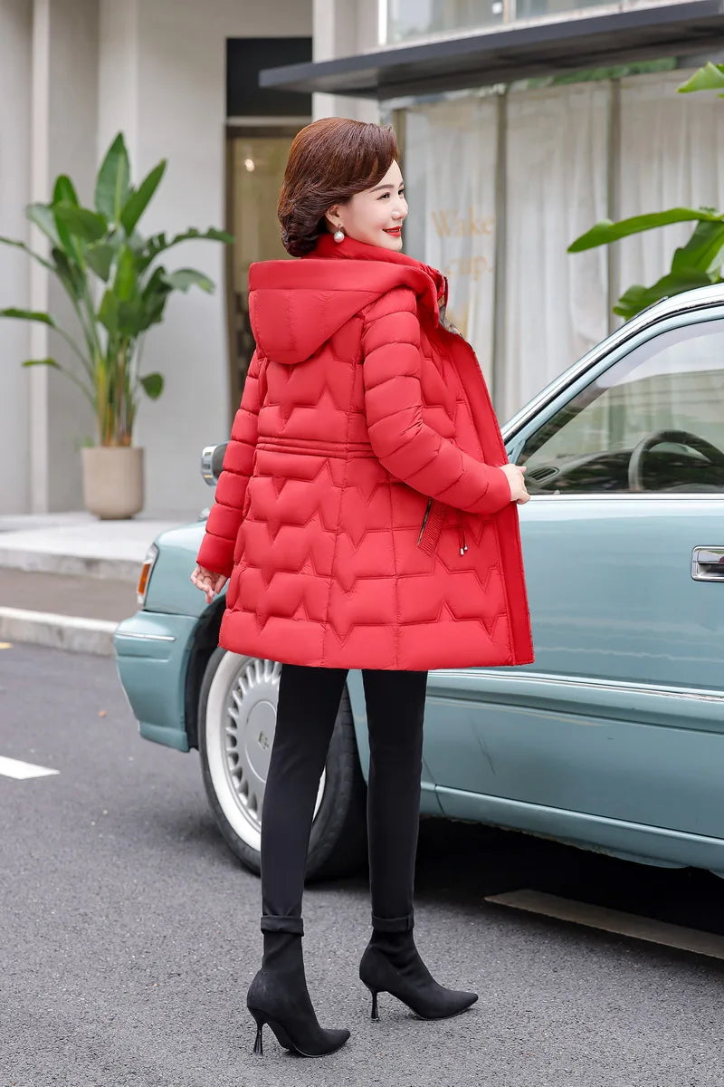 Chaqueta Larga de Algodón Grueso para Mujer, Acolchada, Ajustada, con Cintura Ajustable, Manga Larga, Cierre de Cremallera