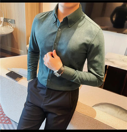 Camisa de ante de alta calidad para hombre, camisas de negocios informales de manga larga para otoño e invierno, blusa de esmoquin para fiesta Social, ropa para hombre 2023