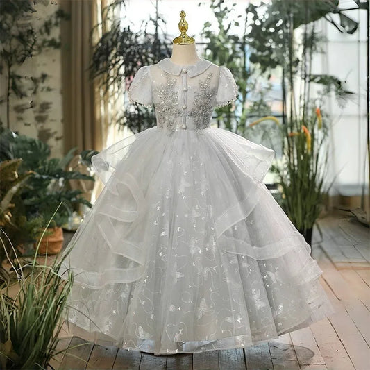 Vestido de fiesta de princesa para niñas, vestido de desfile de boda con flores de cumpleaños para niños, ropa de fiesta de noche para actuaciones de Piano