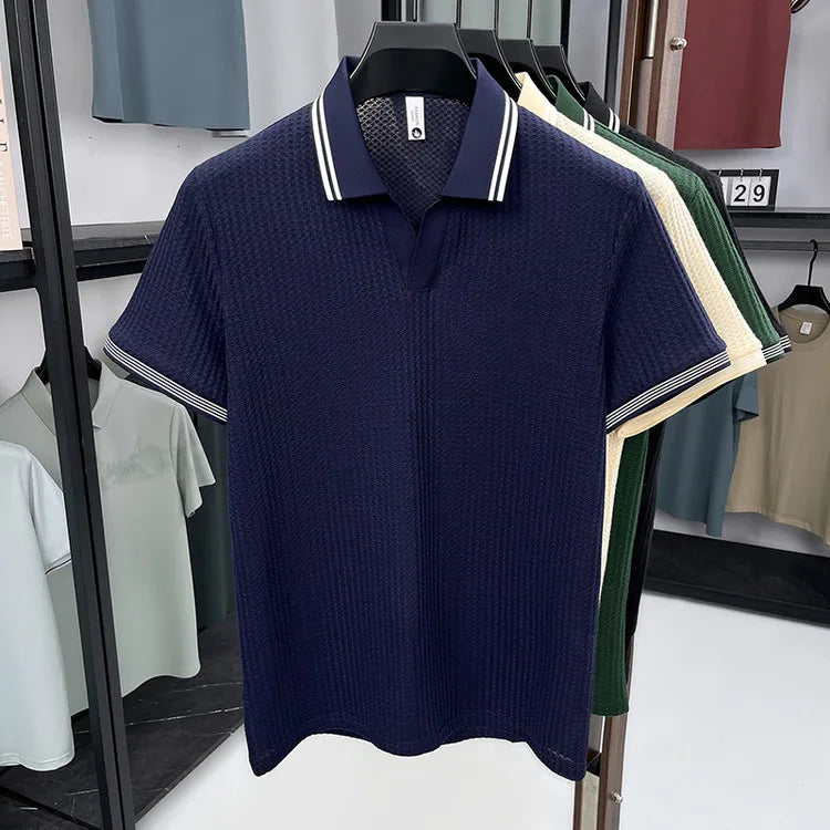 Nueva Camiseta Polo de Verano para Hombre |   Cuello en V con Rayas |   Camiseta de Manga Corta, Transpirable y Ajustada