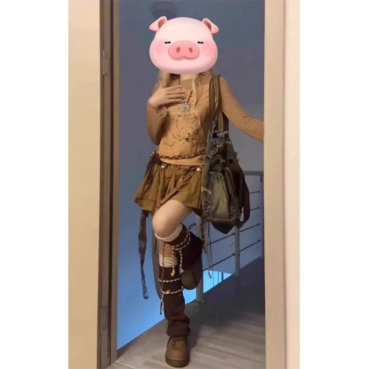 Minifalda plisada irregular de cintura alta con lazo, estilo western posapocalíptico, a cuadros marrones, para mujer, verano ...