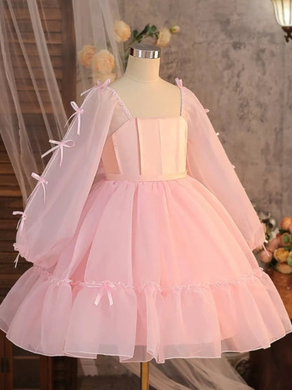 Vestido de Cumpleaños para Niñas, Disfraz de Dama de Honor, Vestido de Princesa de Tul Blanco de Manga Larga, Traje de Gala para Niñas