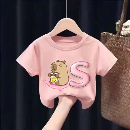 Camiseta de algodón de manga corta con estampado de capibara para niños, diseño de dibujos animados, estilo veraniego y moderno.