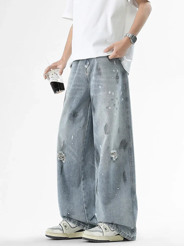 Pantalones vaqueros de pierna recta holgados rasgados de otoño para hombre, moda Hip Hop, pantalones vaqueros con estampado de grafiti, ropa de calle informal Y2K, pantalones vaqueros
