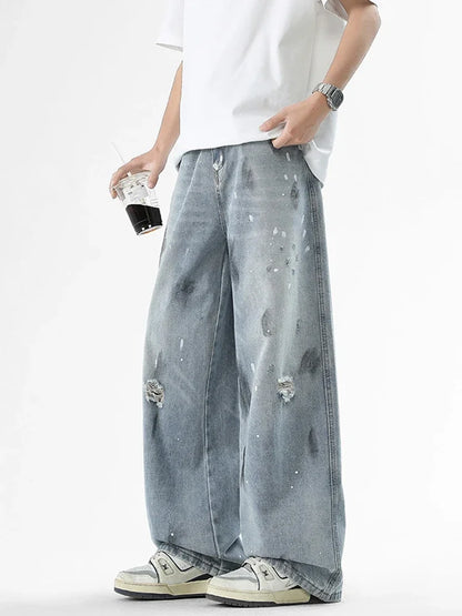 Pantalones vaqueros de pierna recta holgados rasgados de otoño para hombre, moda Hip Hop, pantalones vaqueros con estampado de grafiti, ropa de calle informal Y2K, pantalones vaqueros