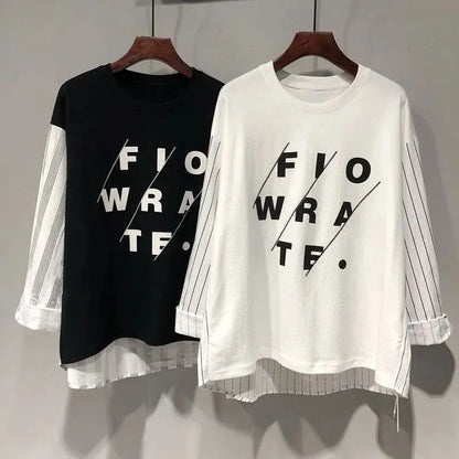 Sudadera de manga larga con estampado de letras para mujer, ropa de calle de gran tamaño, retales a rayas, Tops irregulares Y2K, moda coreana