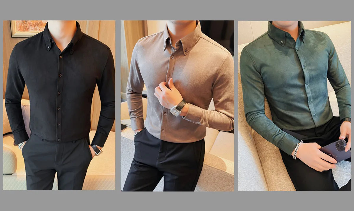 Camisa de ante de alta calidad para hombre, camisas de negocios informales de manga larga para otoño e invierno, blusa de esmoquin para fiesta Social, ropa para hombre 2023