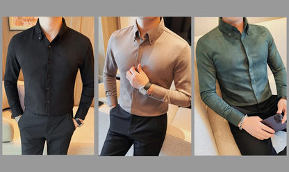 Camisa de ante de alta calidad para hombre, camisas de negocios informales de manga larga para otoño e invierno, blusa de esmoquin para fiesta Social, ropa para hombre 2023