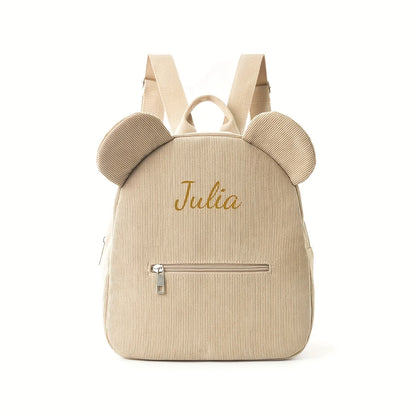 Mochila Mini con Orejas de Oso, Personalizable con Nombre Bordado, de Pana y Felpa, para Niñas, Mujeres, Niños Pequeños, Regalo para Guardería