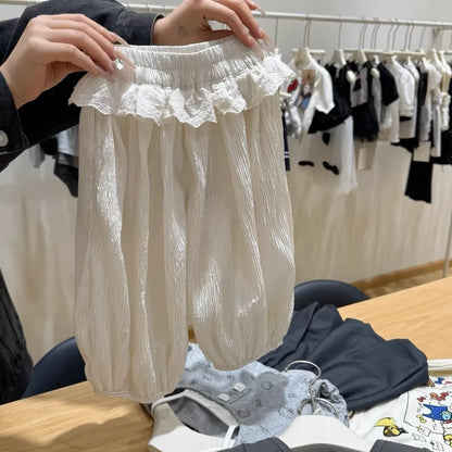 Pantalones informales finos para niñas, novedad de verano, pantalones con cordón de encaje para niños, pantalones de fondo coreanos