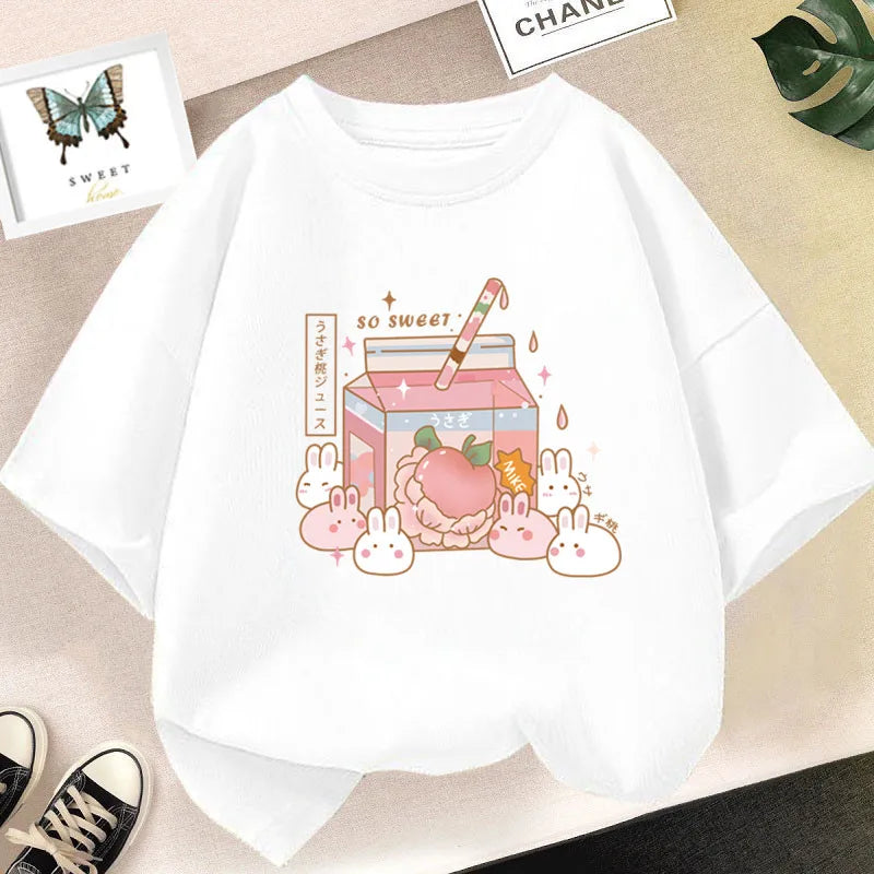 Camiseta bonita de dibujos animados de batido de leche de fresa para niñas, camisetas rosas con gráfico de manga corta para niños