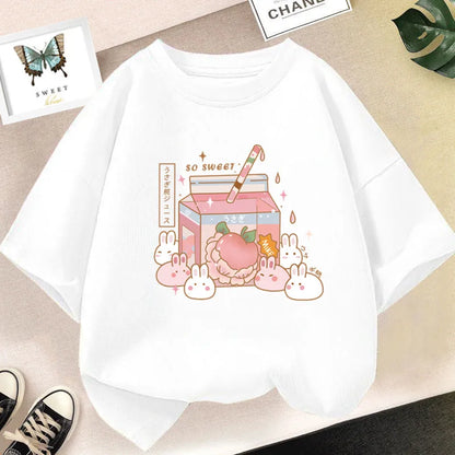 Camiseta bonita de dibujos animados de batido de leche de fresa para niñas, camisetas rosas con gráfico de manga corta para niños
