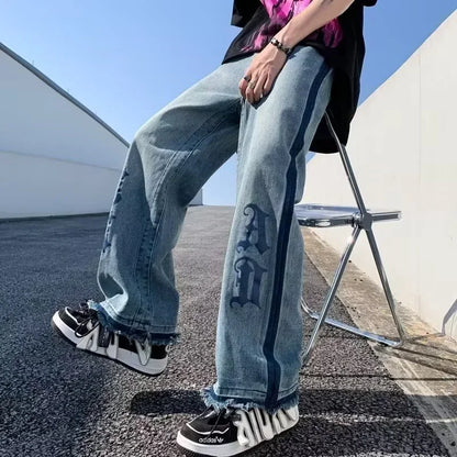Nuevos pantalones vaqueros holgados azules con estampado de letras góticas Y2K para hombre, ropa de calle Vintage, pantalones vaqueros de pierna recta, pantalones vaqueros holgados de moda Hip Hop