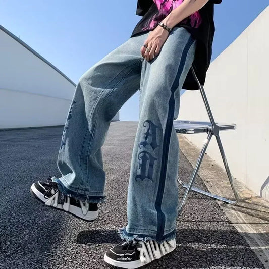 Nuevos pantalones vaqueros holgados azules con estampado de letras góticas Y2K para hombre, ropa de calle Vintage, pantalones vaqueros de pierna recta, pantalones vaqueros holgados de moda Hip Hop