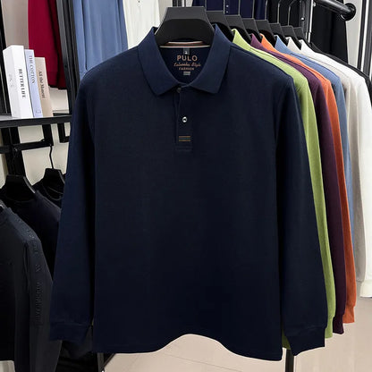Polo de manga larga de otoño 2025 para hombre, 100% algodón transpirable, estilo informal de negocios con cuello de algodón clásico