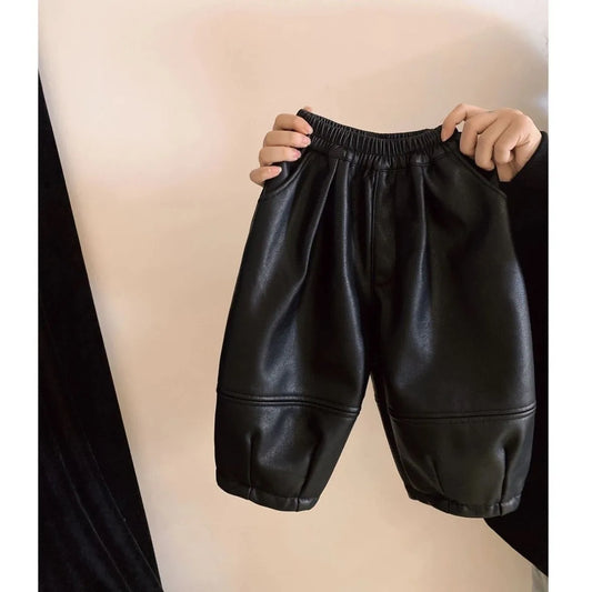 Children's Winter Leather Pants New Style for Boys and Girls with Velvet Thickened Warm Loose Pants