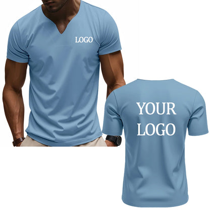 Camiseta con cuello en V con estampado personalizado DIY, camiseta de manga corta a la moda para hombre, top streetwear informal elegante y elegante, uso diario.