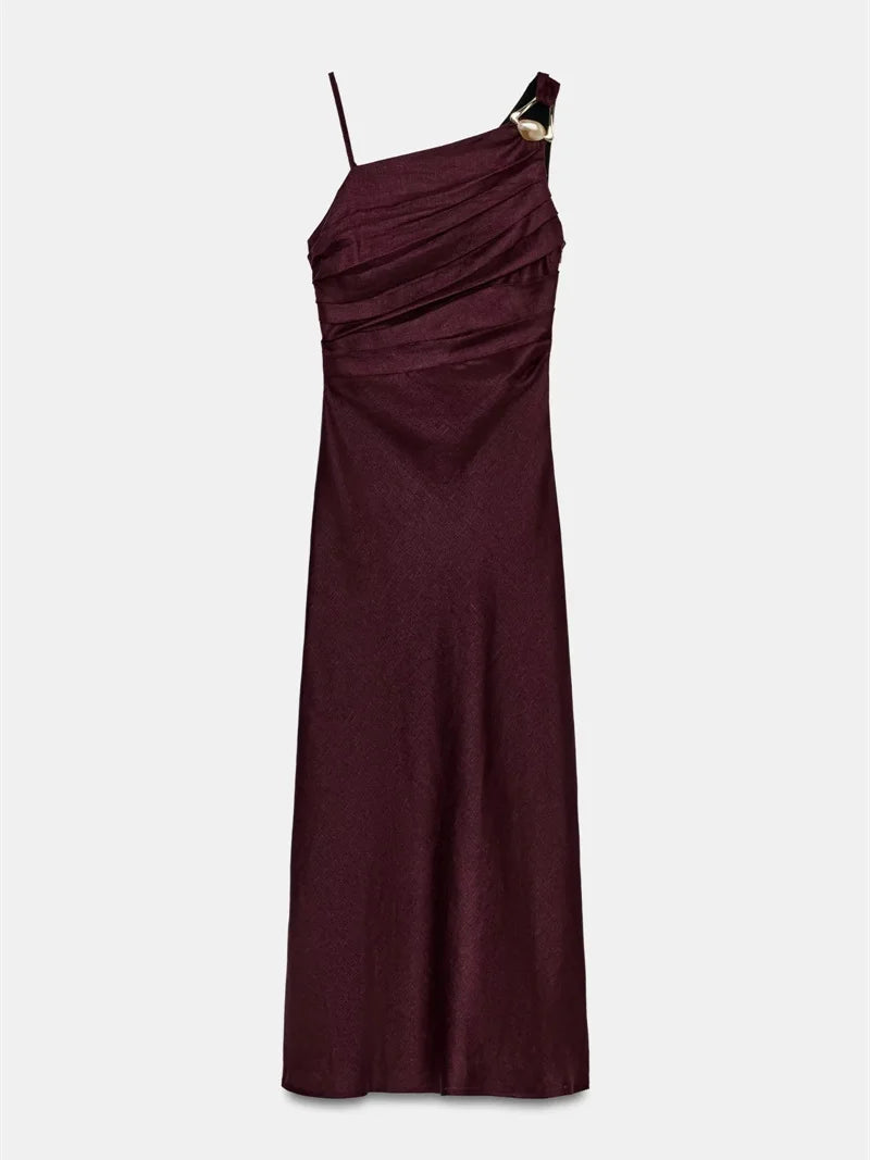 Vestido Midi Elegante para Mujer – Diseño Asimétrico, Tirante Delgado y Estilo Moderno