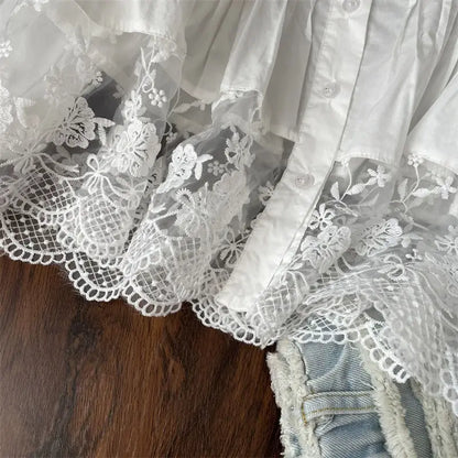 Conjunto de Dos Piezas de Camisa Blanca de Encaje y Jeans para Niñas, Primavera y Otoño 2026, Ropa de Princesa para Bebés y Niñas Pequeñas, Primavera/Verano