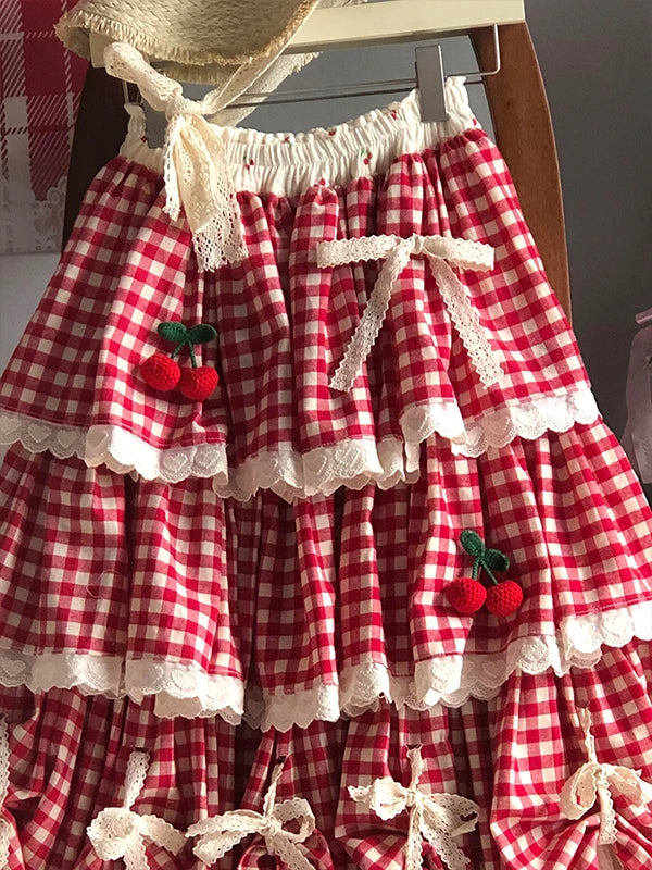 Falda de cintura alta con patchwork de cerezas, estilo A, para mujer, nueva colección primavera-otoño-invierno, dulce falda d...