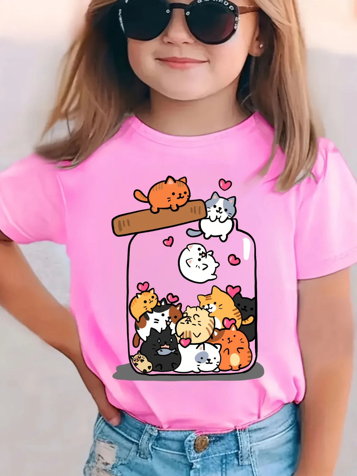 Camiseta de manga corta con cuello redondo de algodón para niñas, moda de verano, con estampado de gato en un frasco, top informal y versátil, ropa de moda