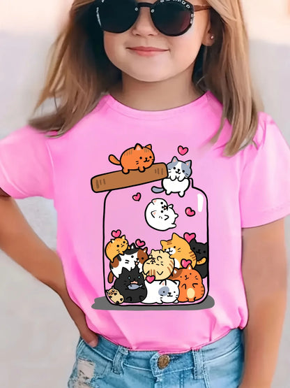 Camiseta de manga corta con cuello redondo de algodón para niñas, moda de verano, con estampado de gato en un frasco, top informal y versátil, ropa de moda