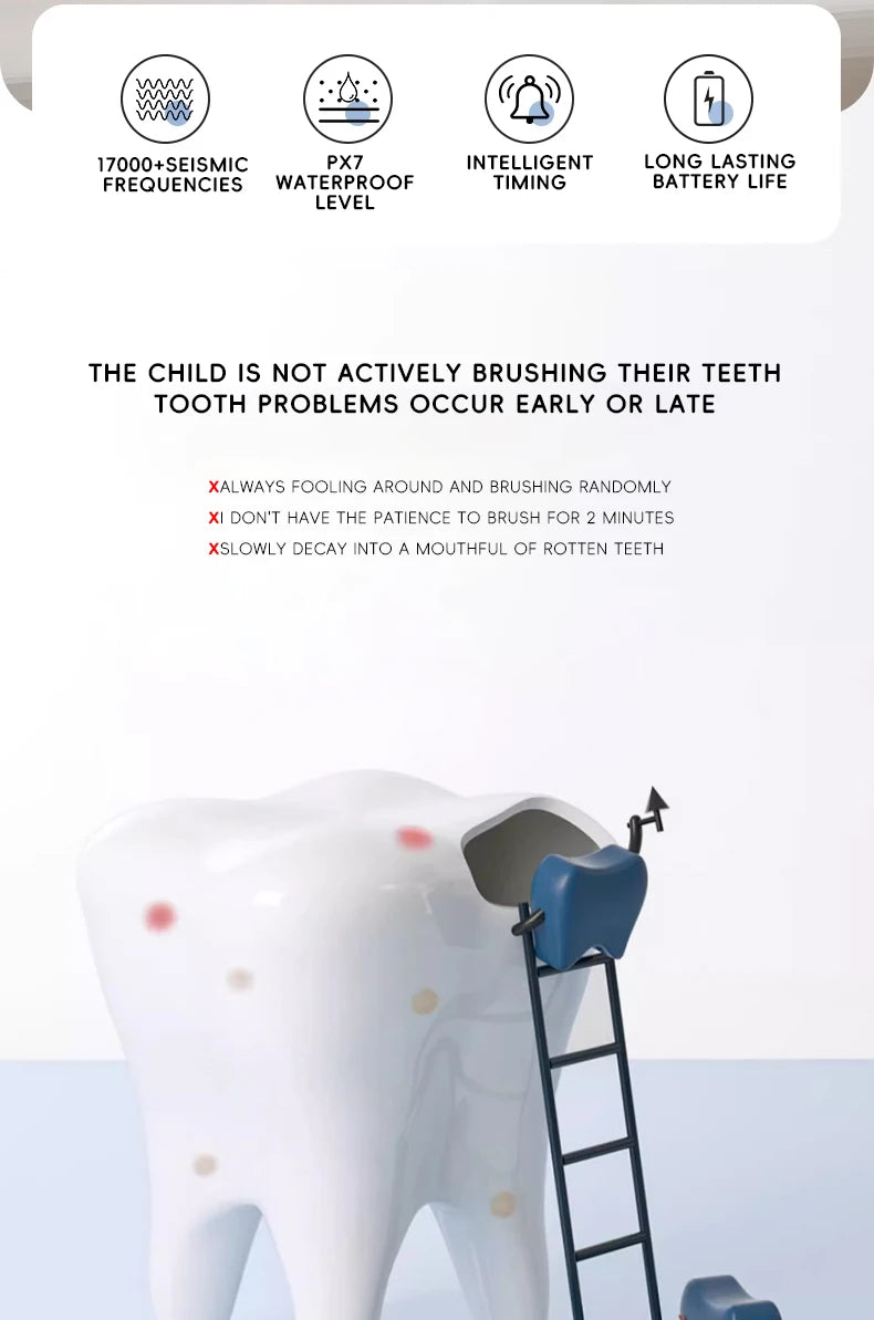 Cepillo de dientes eléctrico sónico para niños de 1 a 15 años, cuidado dental primario profesional, IPX7, resistente al agua, cerdas suaves DuPont