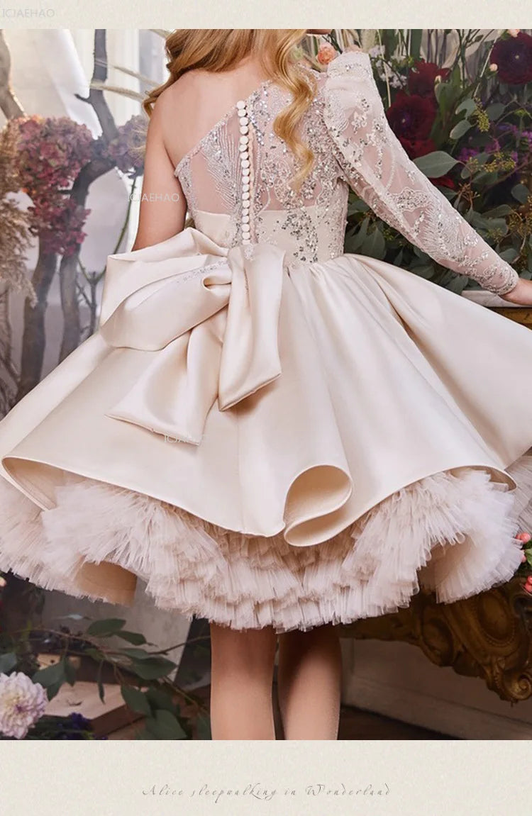 2026 nuevo vestido para niños vestido de princesa con lentejuelas un hombro falda acampanada con lazo Patchwork niños niñas traje Formal de celebración de fiesta