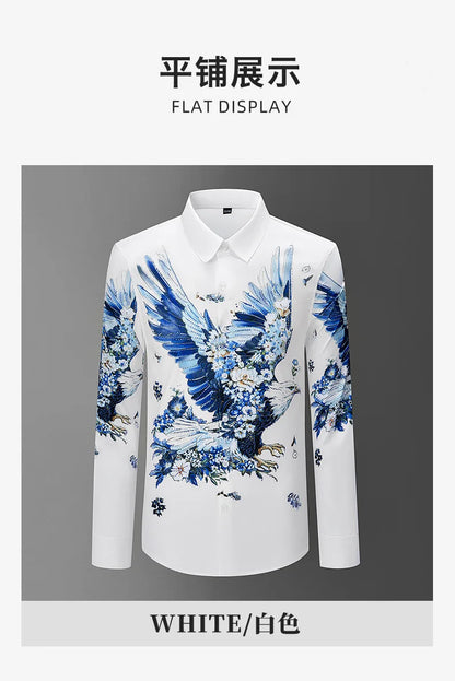 Camisa de lujo con estampado 3D de diamantes de imitación para hombre, camisas informales de manga larga para otoño e invierno, trajes de espectáculo escénico para fiesta de banquete Social
