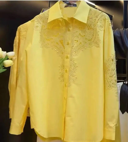 Marca de lujo, blusas de algodón con bordado de encaje calado y lentejuelas brillantes, camisas para mujer, Top informal holgado de manga larga de tendencia 2025