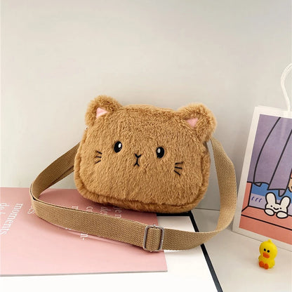 Bolso de hombro de felpa suave para niños, bolsos cruzados peludos, monedero, lindo, Gato de dibujos animados, moda de invierno