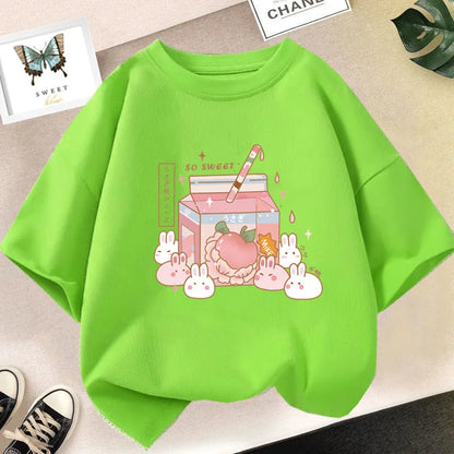 Camiseta bonita de dibujos animados de batido de leche de fresa para niñas, camisetas rosas con gráfico de manga corta para niños