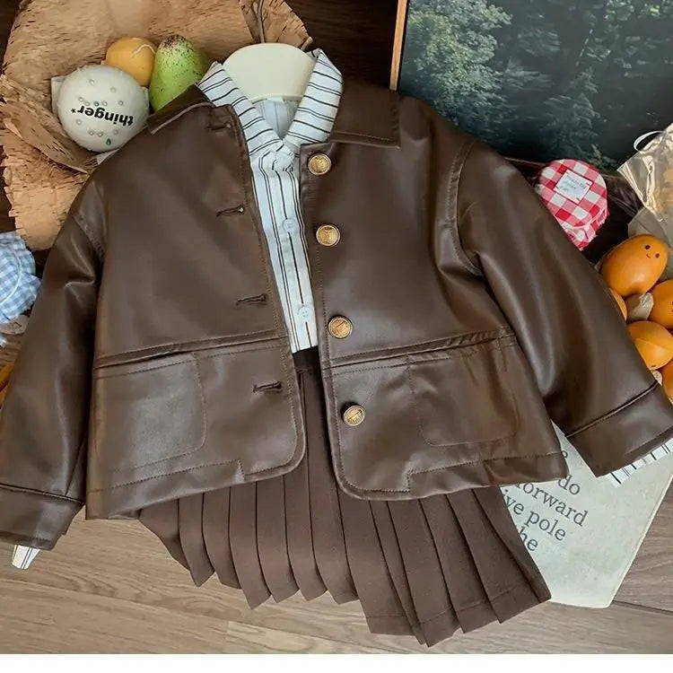Conjunto de tres piezas para niña, abrigo a la moda, camisa elegante, Falda corta, novedad de otoño, 2024