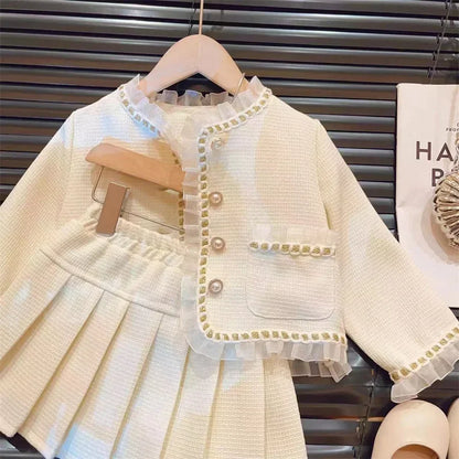 Conjunto de dos piezas de moda para niña, chaqueta de encaje, Falda corta, colección de primavera y otoño, novedad de 2024