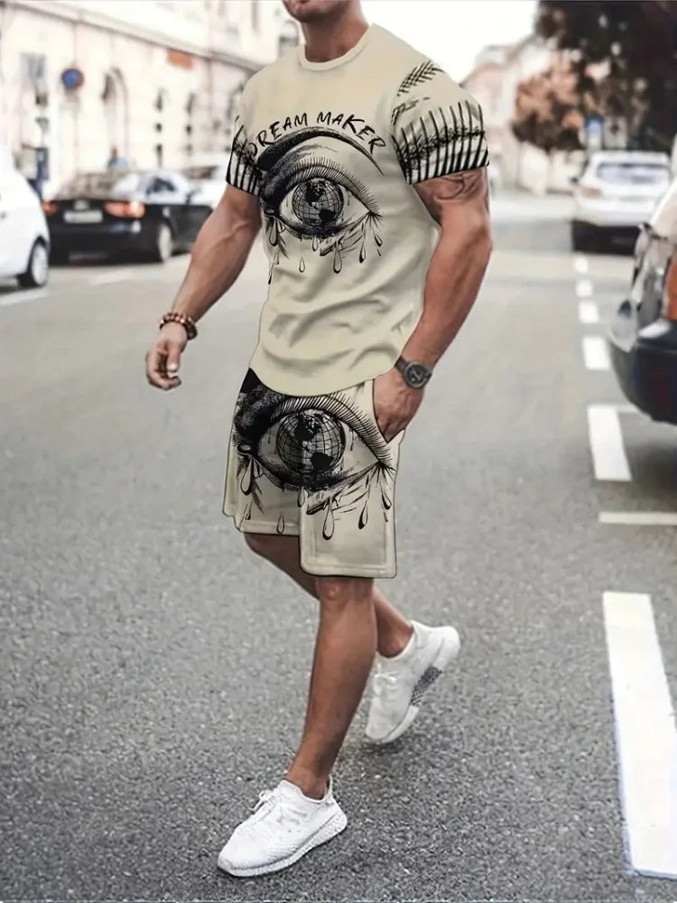 Sencillo de mármol con estampado en 3D, Top y Shorts de cuello redondo para hombres, moda urbana, traje informal de día a día para hombres