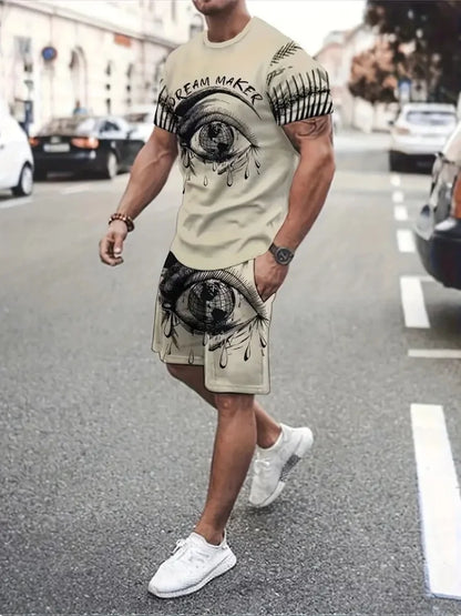 Sencillo de mármol con estampado en 3D, Top y Shorts de cuello redondo para hombres, moda urbana, traje informal de día a día para hombres