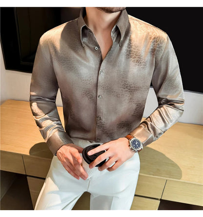 Camisa de manga larga de seda de imitación para hombre, camisa informal estampada de Color degradado a la moda, ropa Social de negocios, ropa de calle para hombre