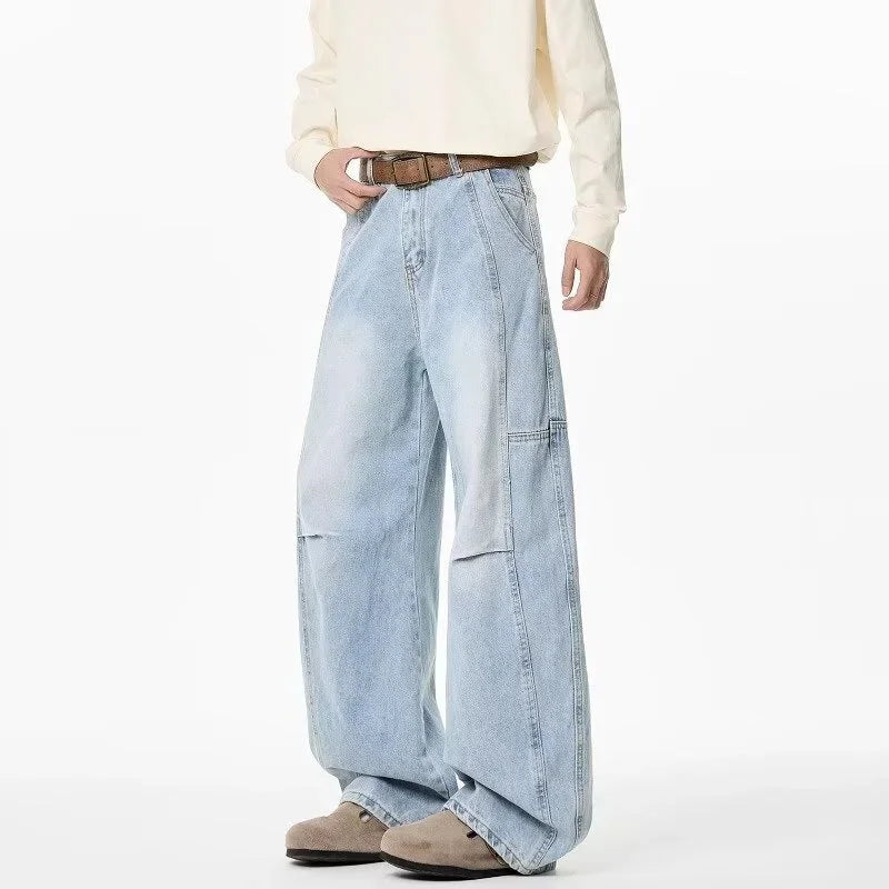 Otoño de los hombres de moda Hip Hop empalmado pantalones vaqueros holgados diseño plisado Casual pantalones vaqueros de pierna recta Y2K Vintage Streetwear jean