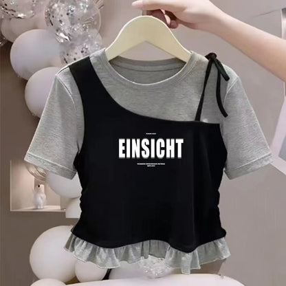 Camiseta de Manga Corta para Niñas, Algodón Puro, Dobladillo con Volantes, Estilo Corto, Verano, Casual, Ropa Infantil, Trans...